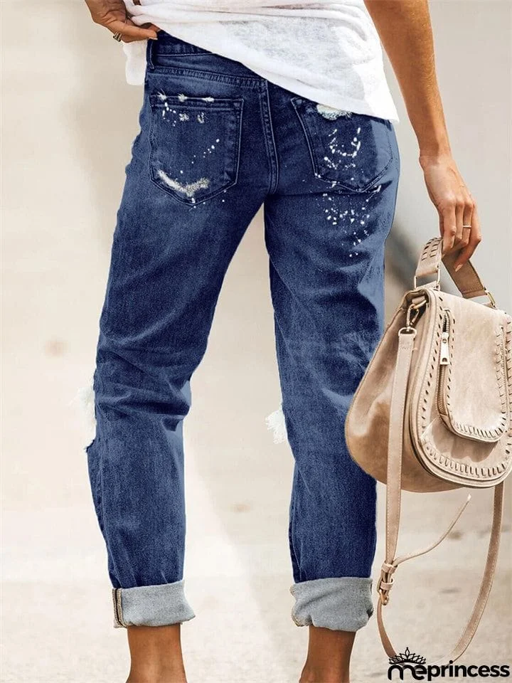 Women's Stretch Wash Effect Ripped Straight-Leg Street Style Jeans