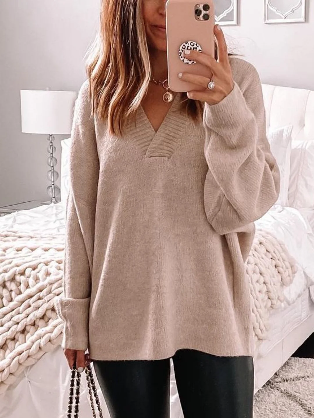 Simple Autumn Solid Knitted V neck Natural Mid-weight Daily Long sleeve Sweater for Women