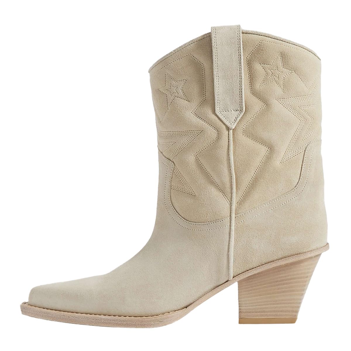 Beige Pointed Toe Chunky Heel Star Embroidered Cowgirl Boots Nicepairs