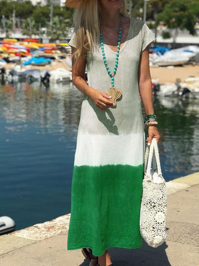 Gray Striped V Neck Cotton Casual Dresses Zaesvini
