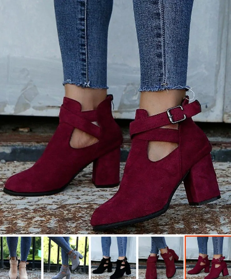 2021 Europe station winter motorcycle boots high-heeled suede plus size nude boots short boots buckle retro women's boots
