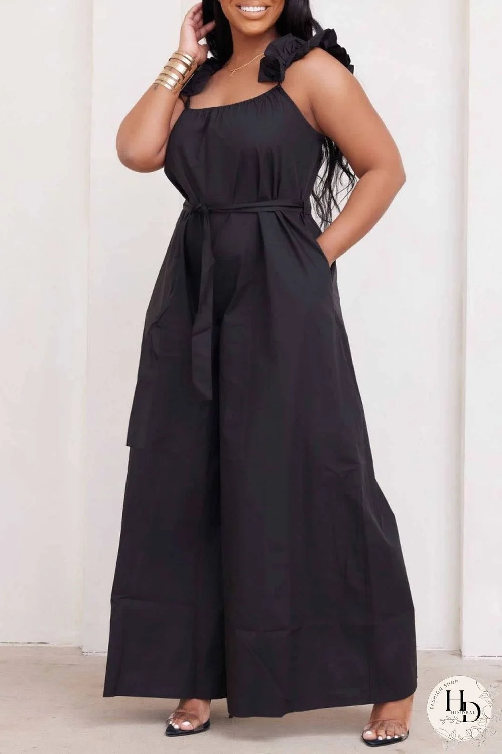 Black Sexy Casual Solid Frenulum Backless U Neck Plus Size Jumpsuits