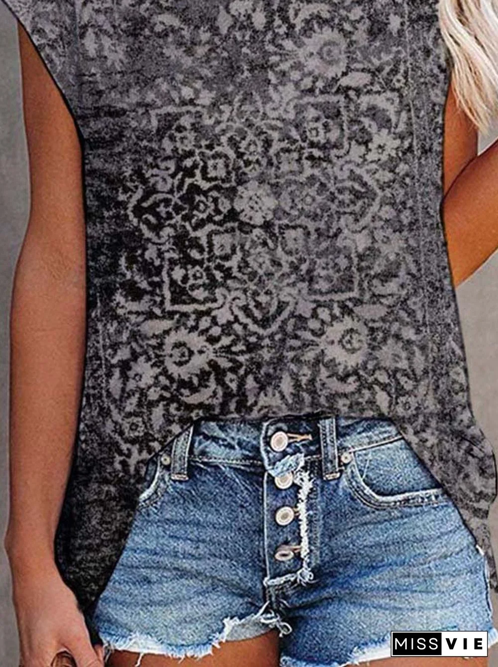 Paisley Short Sleeve Printed Cotton-blend Crew Neck Vintage Summer Black Top