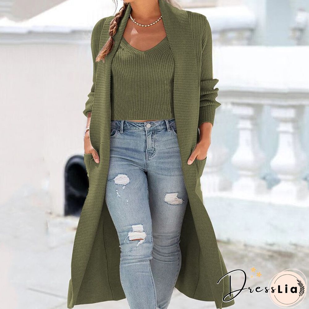 Womens Autumn Long sleeve Lapel Cardigan Jacket And V-neck Sleeveless Tank Top Piece Sets
