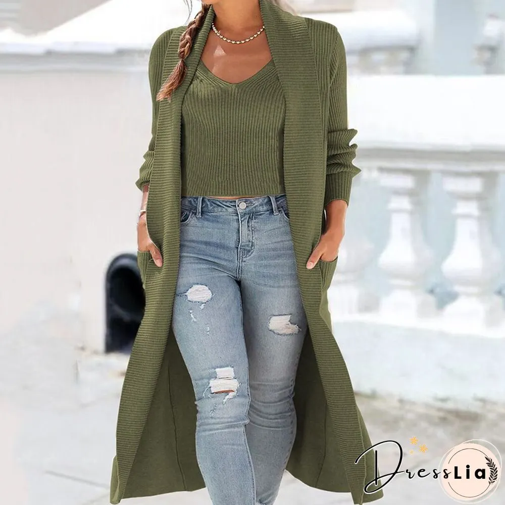 Womens Autumn Long sleeve Lapel Cardigan Jacket And V-neck Sleeveless Tank Top Piece Sets