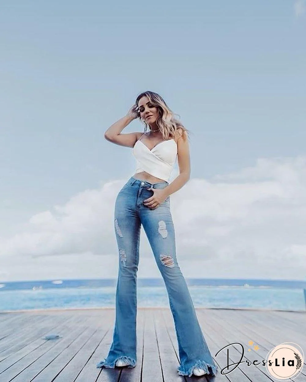 Fashion Slim Hole Flared Pants