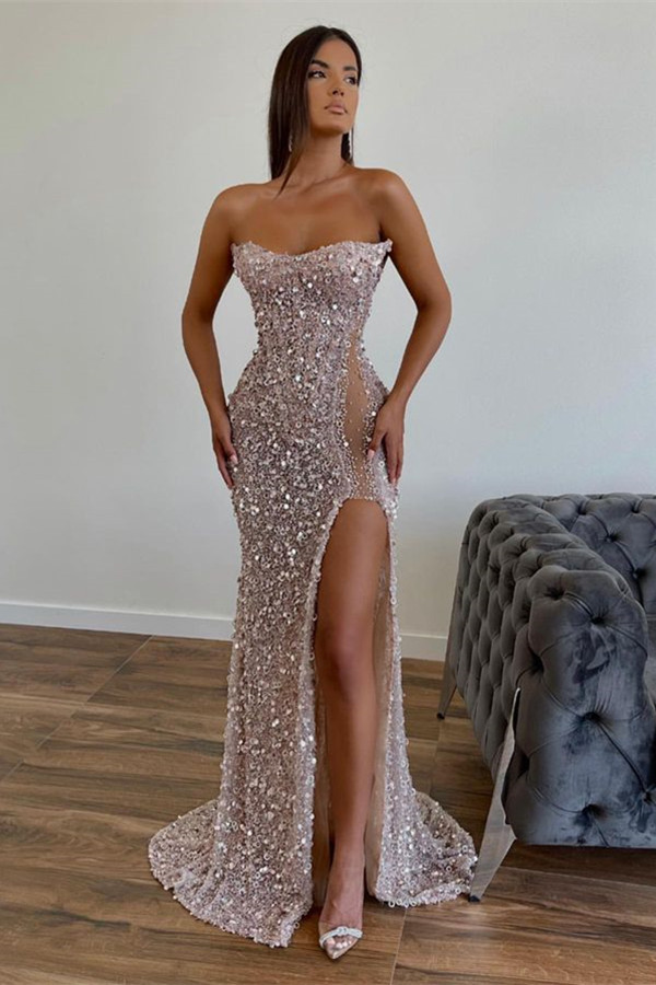 Dresseswow Strapless Sequins Prom Dress Mermaid Long With Slit