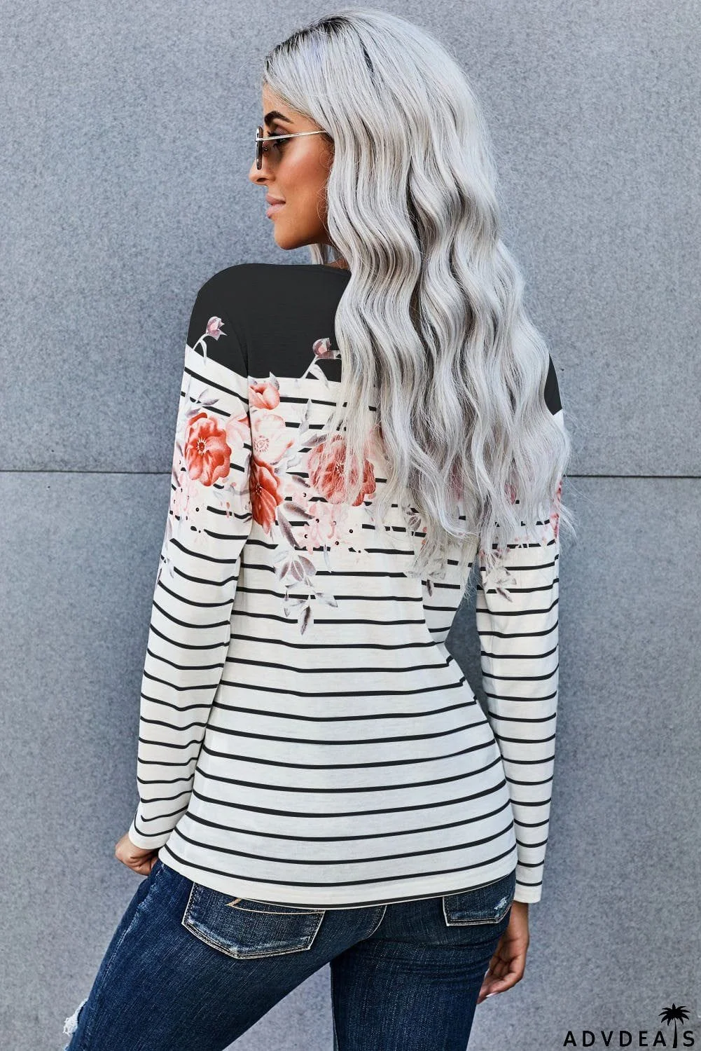 White Black Floral Striped Print Long Sleeve Top
