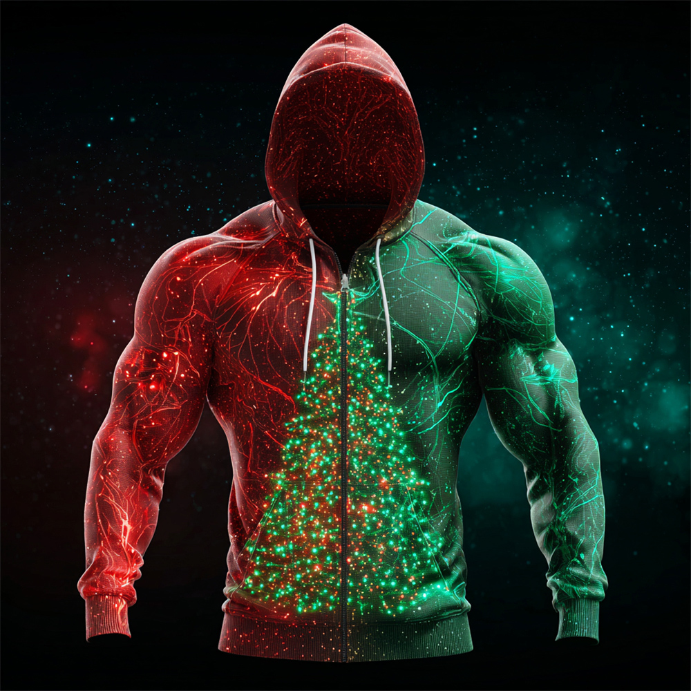 Glowing Christmas Tree Art Men's Hooded Zipper Sweatshirt elevenforest