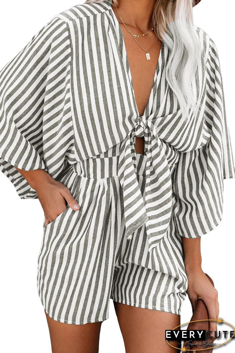 Gray 3/4 Wide Kimono Sleeves Tie Front Striped Romper with Pockets