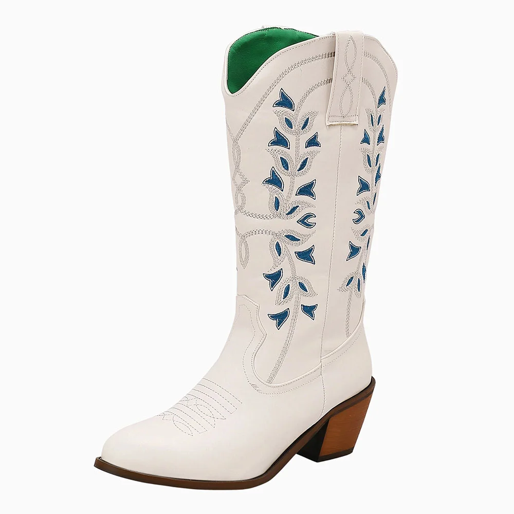 White Round Toe Pull On Mid Calf Cowgirl Boots with Embroidered