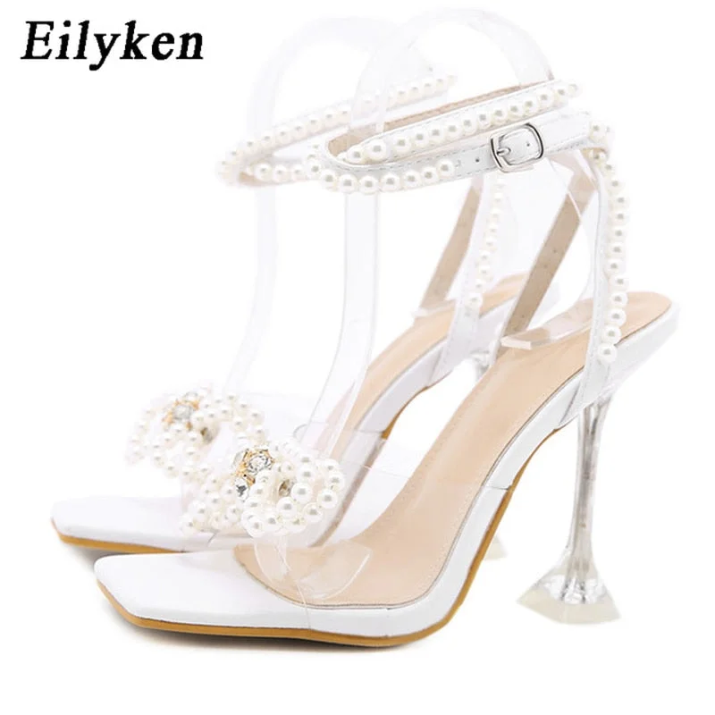 Eilyken Size 35-42 Rhinestone Bowtie Spike Heel Women's Sandals Square toe Narrow Band Strap High Heels Sandals Summer Women