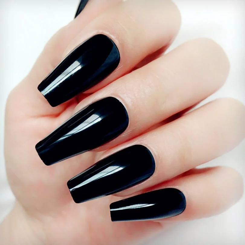 24Pcs Glossy Black Long Stiletto Fake Nail Ballerina Coffin False Nails For Design DIY Full Cover Lady Finger Tips Manicure Tool