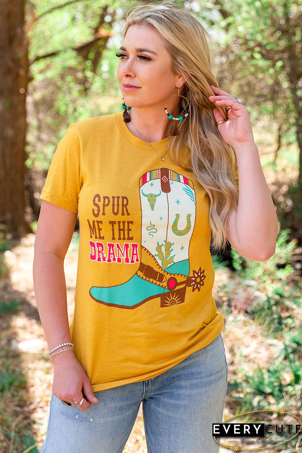 Yellow Western Boots Letter Graphic Printed Crew Neck T Shirt