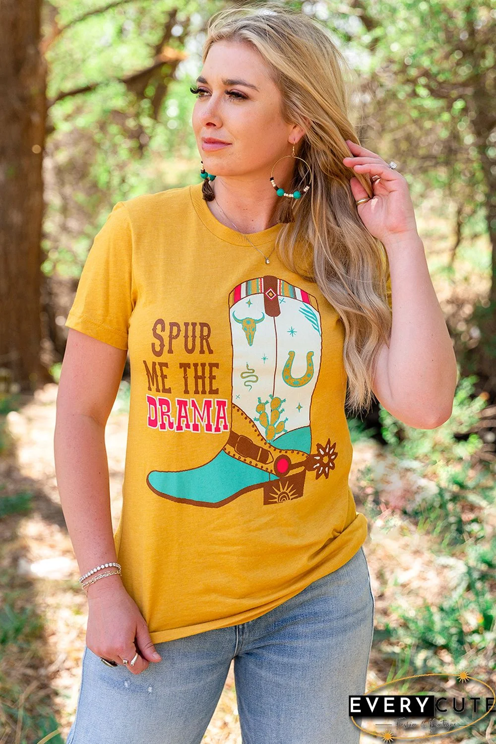 Yellow Western Boots Letter Graphic Printed Crew Neck T Shirt