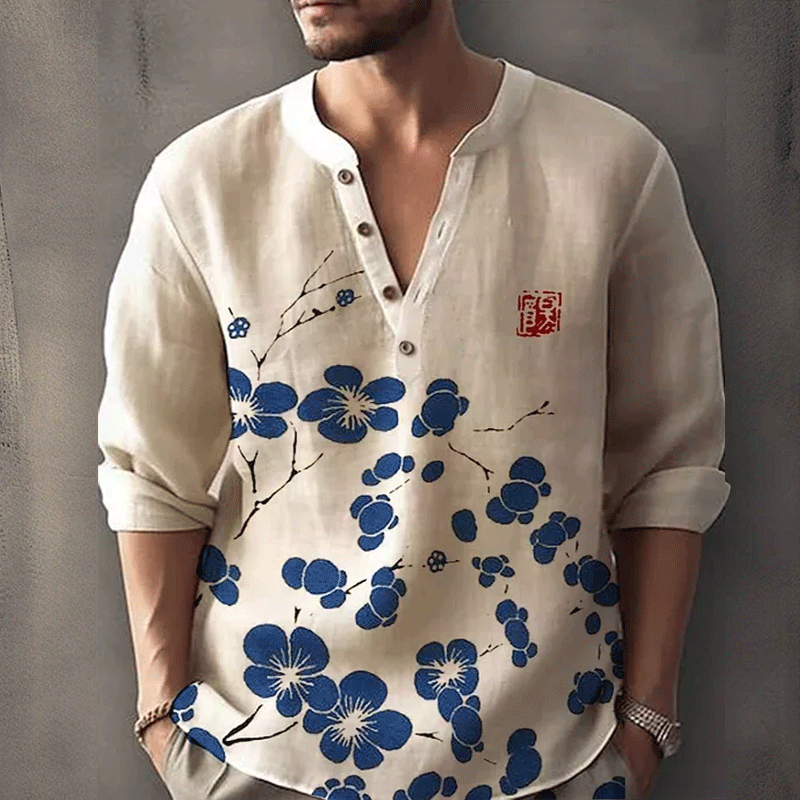 Men's Floral Print V-neck Casual Shirt