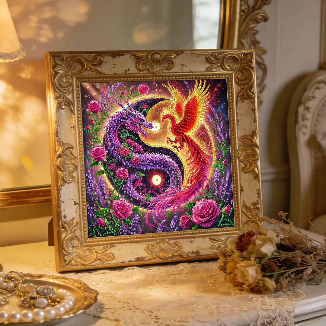 Dragon and Phoenix Yin Yang Bagua Special Shaped 5D DIY Partial Drill Diamond Painting Kits for Adults Beginners Home Decor Diamonds Paintings Gem Art 30x30cm