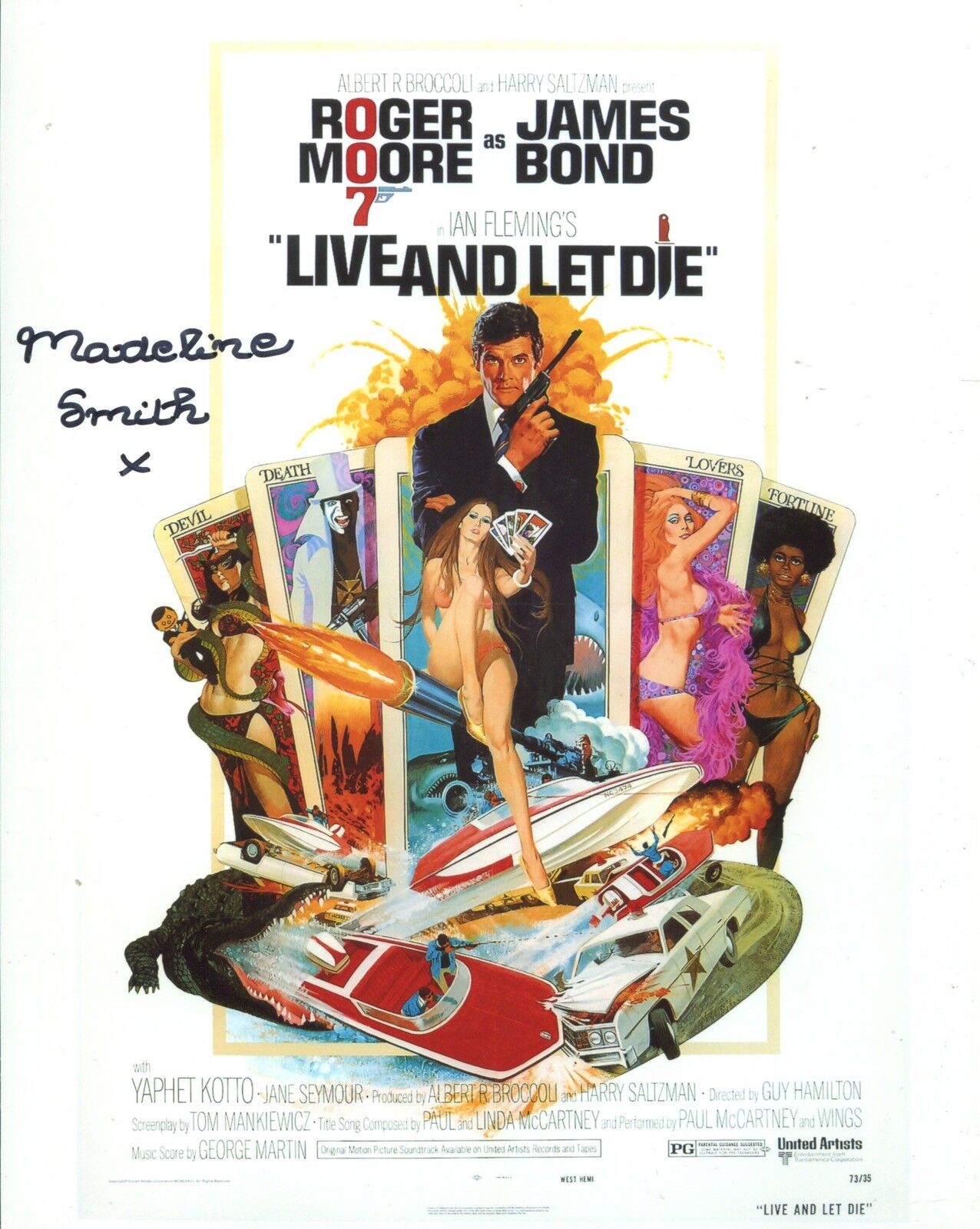 007 Bond girl Madeline Smith signed LIVE AND LET DIE poster Photo Poster painting - UACC DEALER