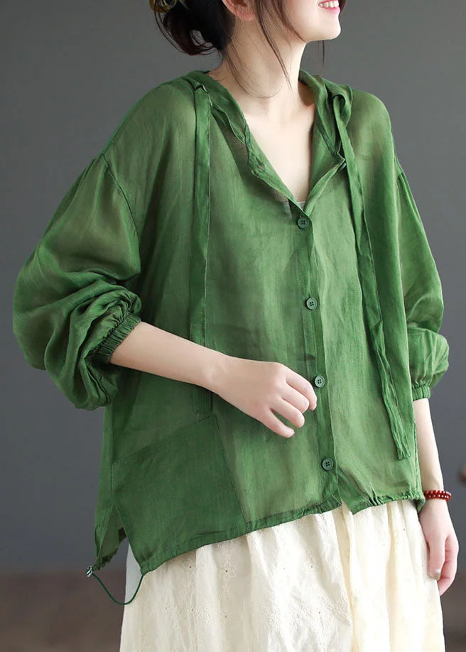 Casual Green Hooded Pockets Patchwork Linen Thin Coat Summer