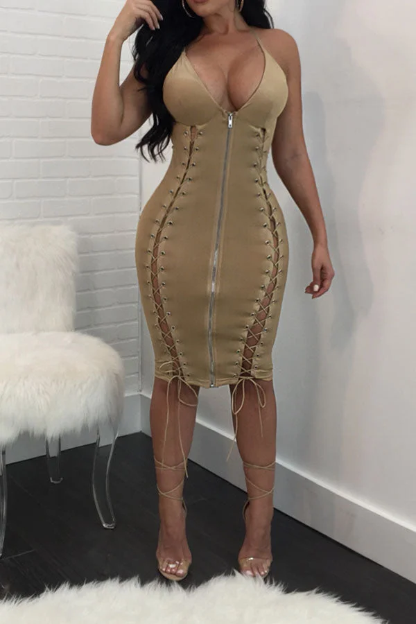 Solid Color Hot Eyelets Strappy Cutout PU Mini Dress