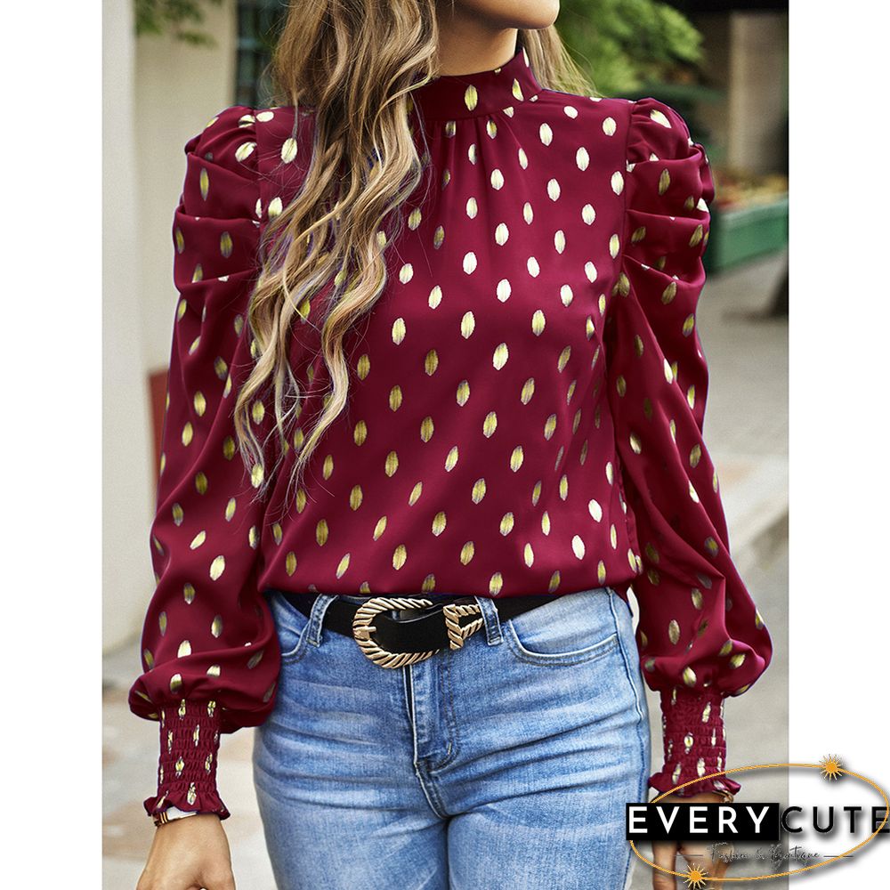 Burgundy Polka Dot Pleated Cuffs Long Sleeve Tops
