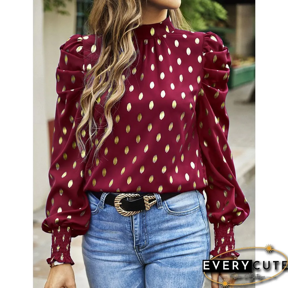 Burgundy Polka Dot Pleated Cuffs Long Sleeve Tops
