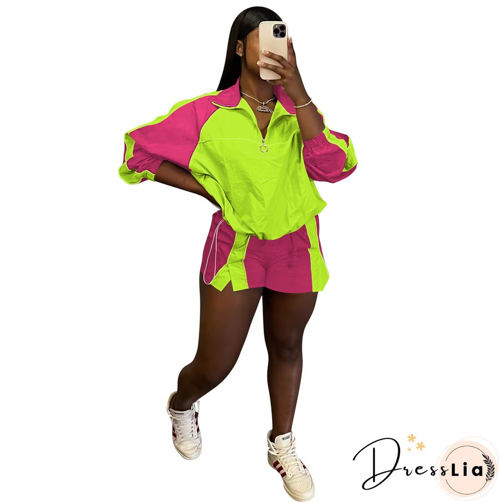 Color Patchwork Sportswear Two Piece Shorts Set