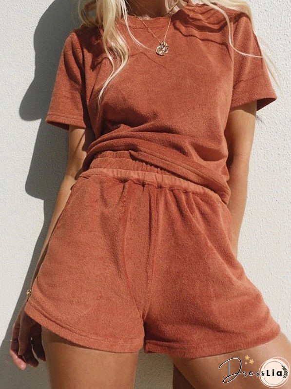 Sets Solid Simple T-Shirt & Shorts Two-Piece Set for Women
