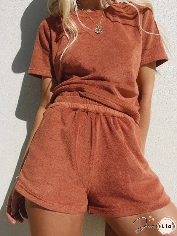 Sets Solid Simple T-Shirt & Shorts Two-Piece Set for Women