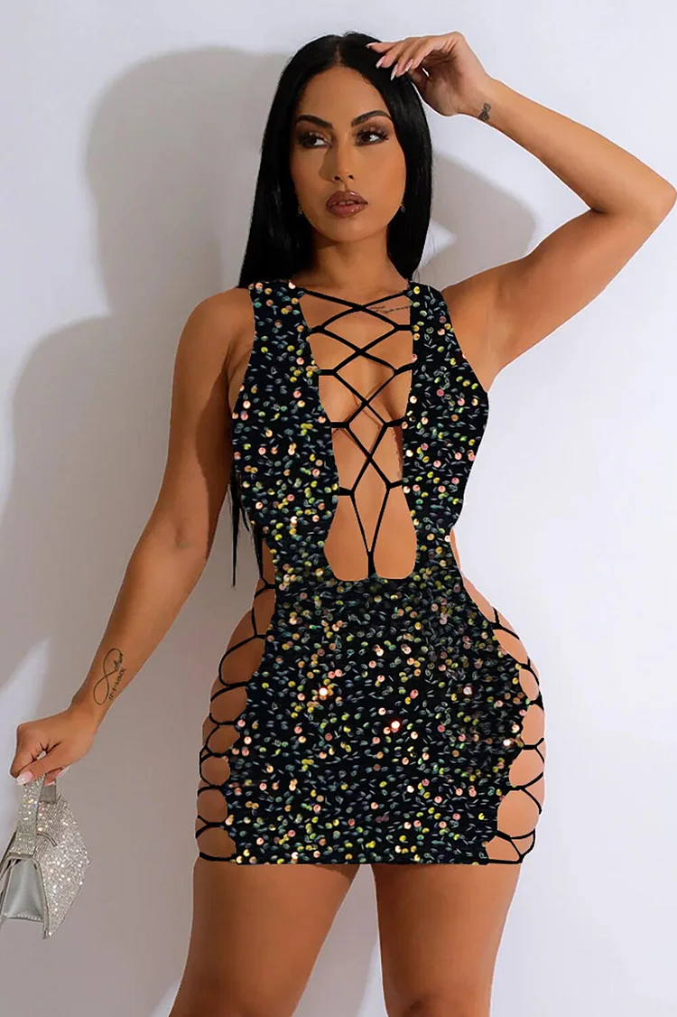 Sparkling Sequin Cutout Lace Up Bodycon Party Sleeveless Mini Dresses-Black