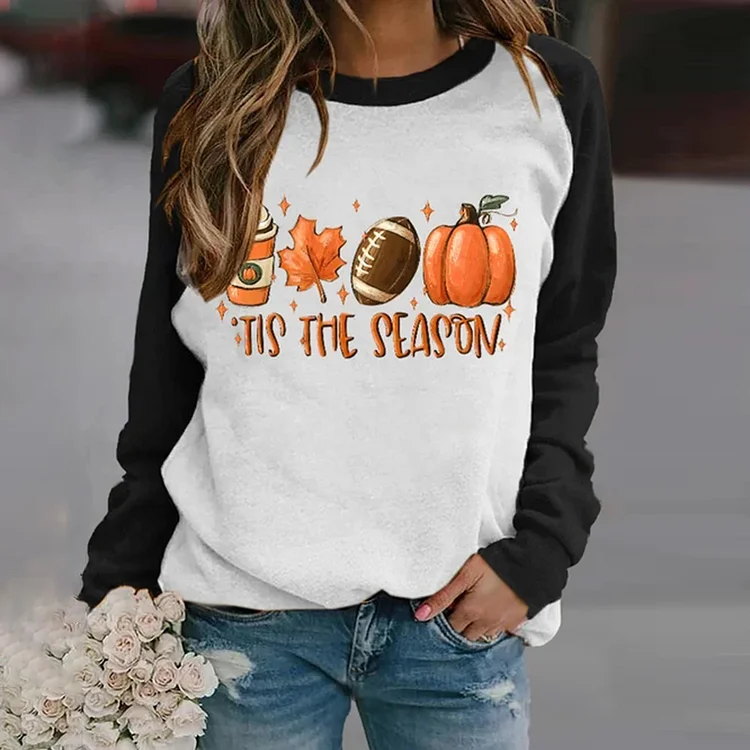 VChics Football Tis The Season Pumpkin Maple Leaf Print Sweatshirt