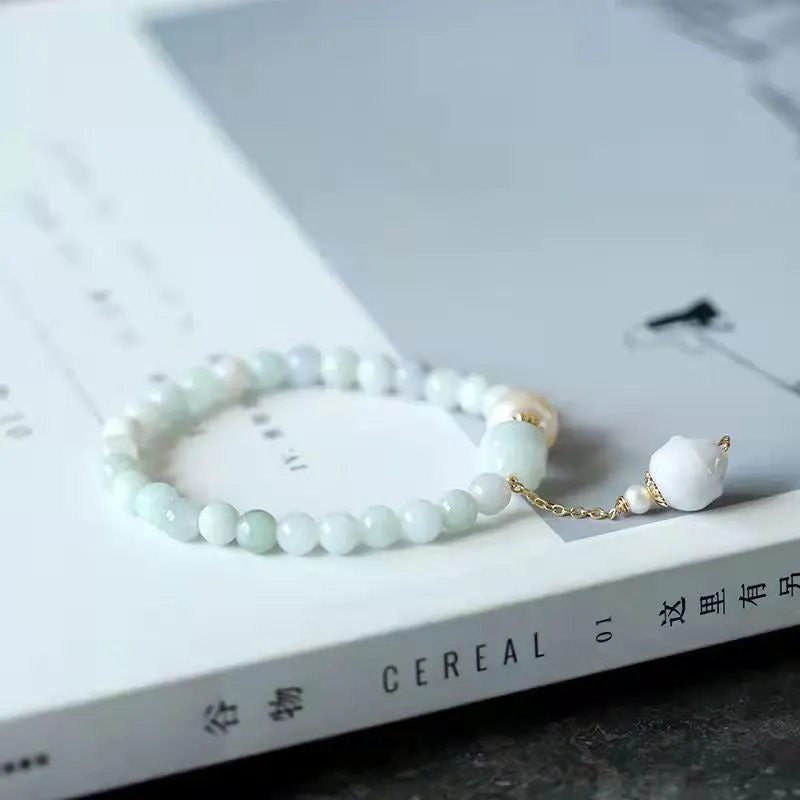 Round Jade Lotus Blessing Fortune Charm Bracelet