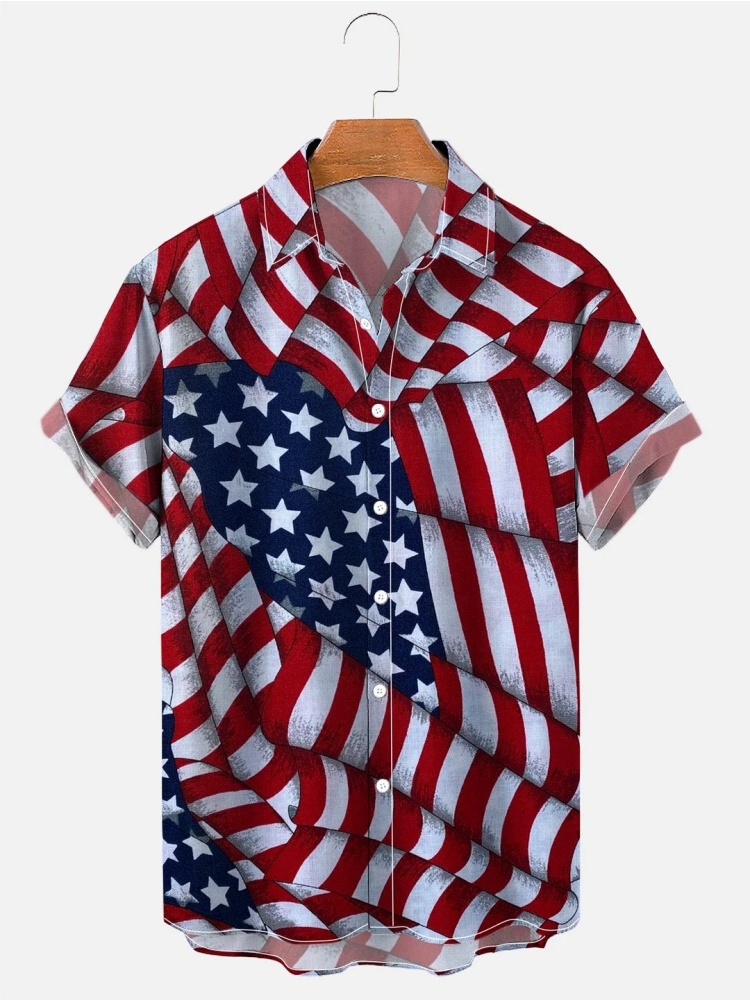 BrosWear Men's Independence Day Flag Art Casual Print Shirt