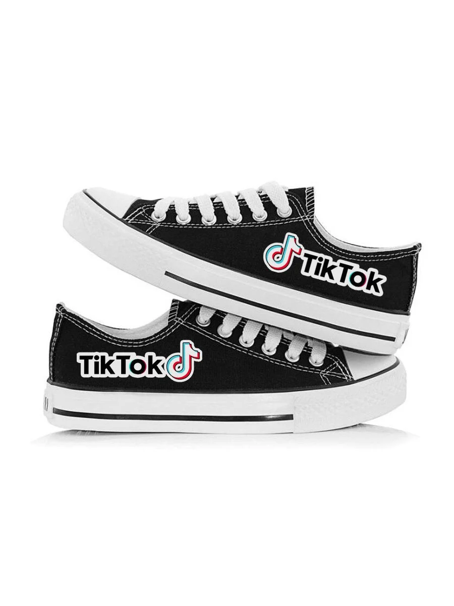 Sneakers Shoes TikTok Printed Round Toe Drawstring Low-cut Casual Canvas Shoes