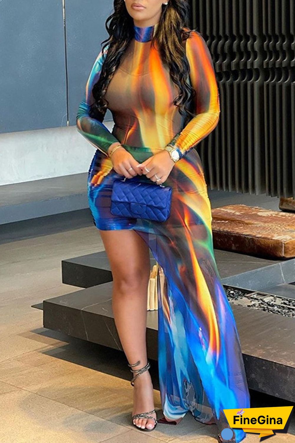 Colour Sexy Print Patchwork Asymmetrical Half A Turtleneck Irregular Dress Dresses