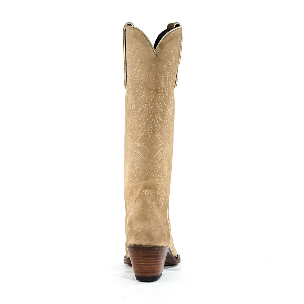 Khaki Snip Toe Embroidered Chunky Heel Western Boots for Women