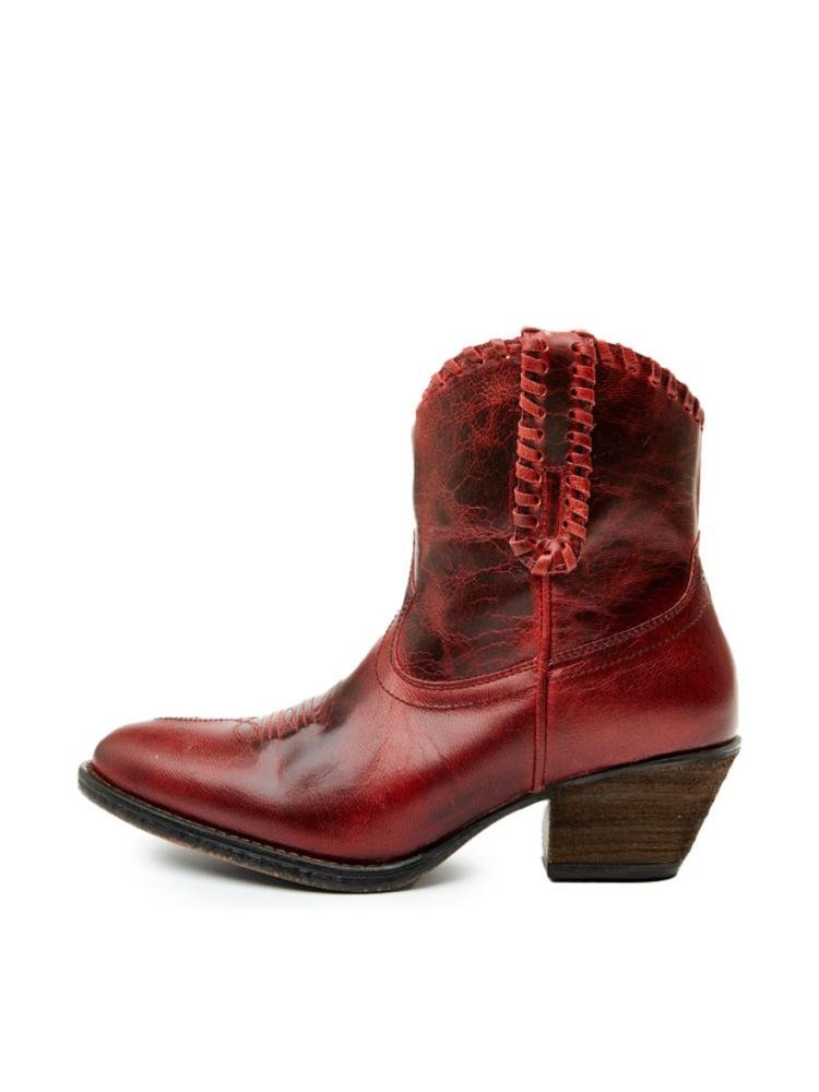 Red Stitch Zip Round Toe Slanted Mid Heel Western Ankle Boots