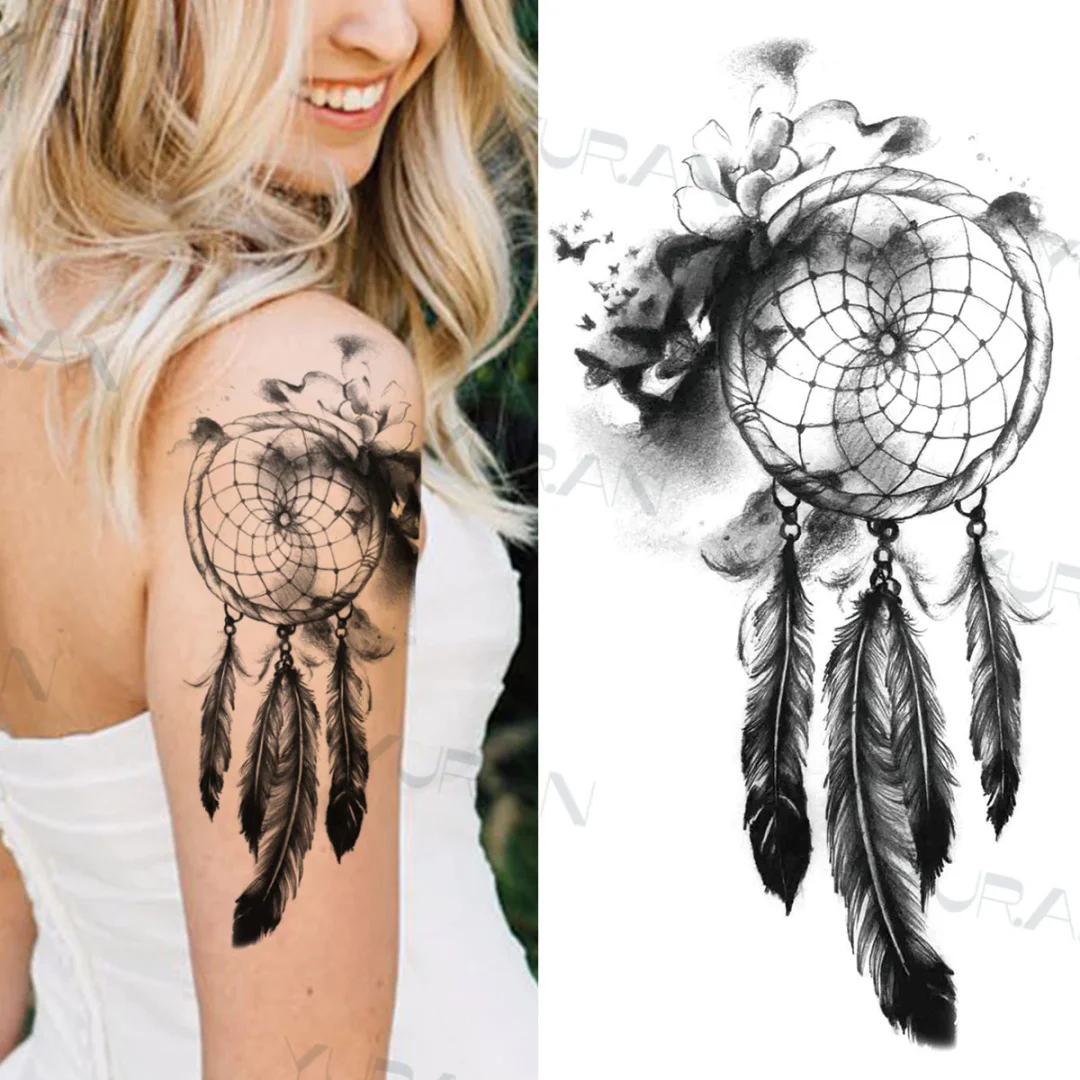 Sdrawing Catcher Rose Flower Temporary Tattoos For Women Adult Henna Moon Feather Owl Fake Tatoos Realistic Sexy Chest Tattoo Paste