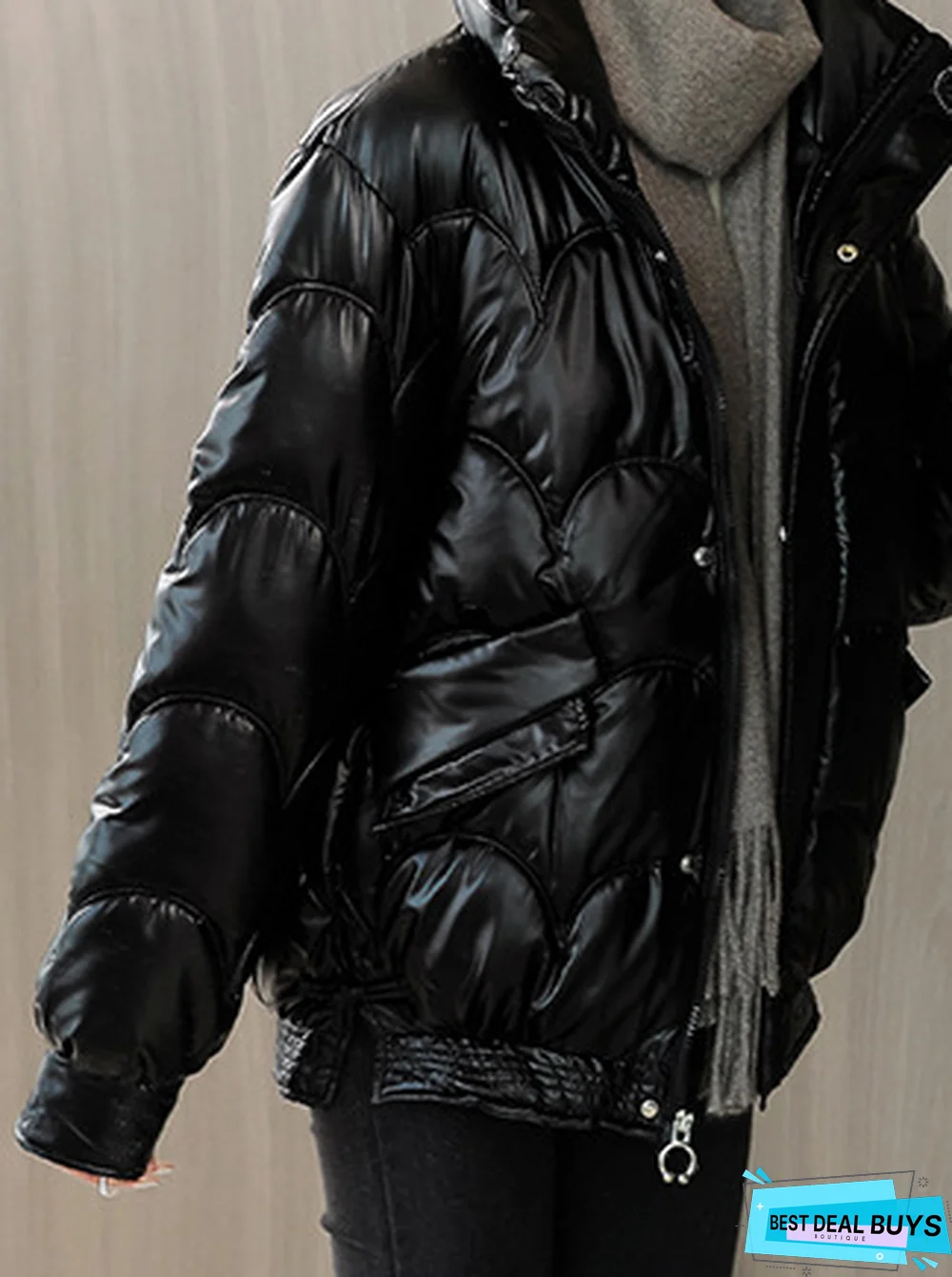 Black Plain Loosen High Neck Outerwear