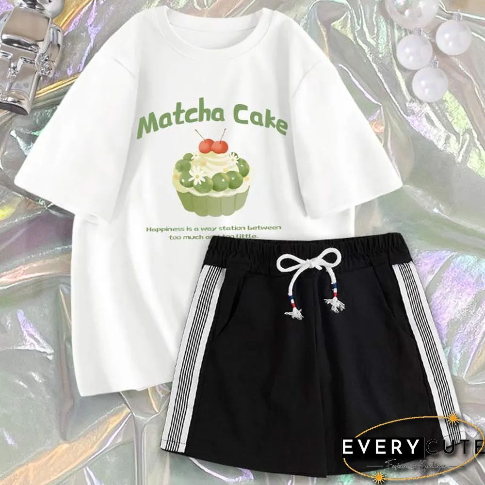 Cartoon Print Casual T-Shirt Shorts Set