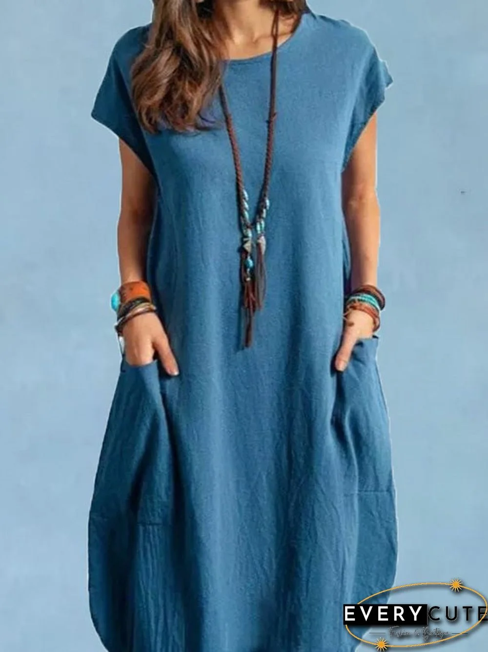 Women'S Dresses Casual Solid Crew Neck Pocket Dress