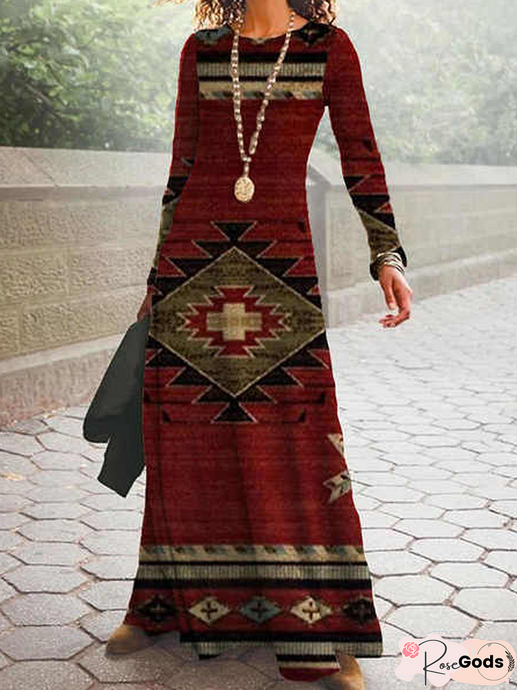 Retro Geometric Print Long Sleeve Winter Maxi Dress