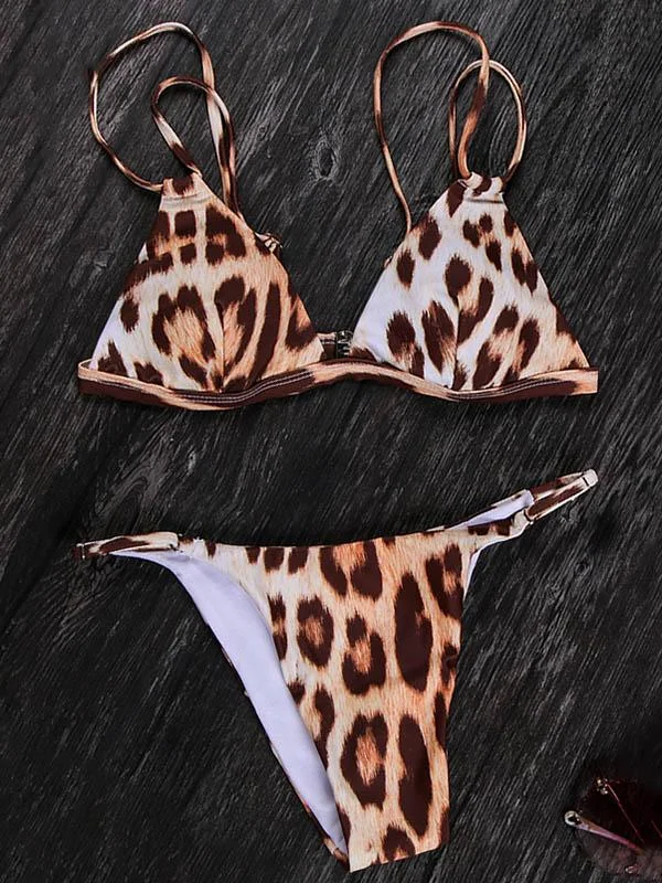 Leopard-Print Bandage Split Bikini Swimsuit