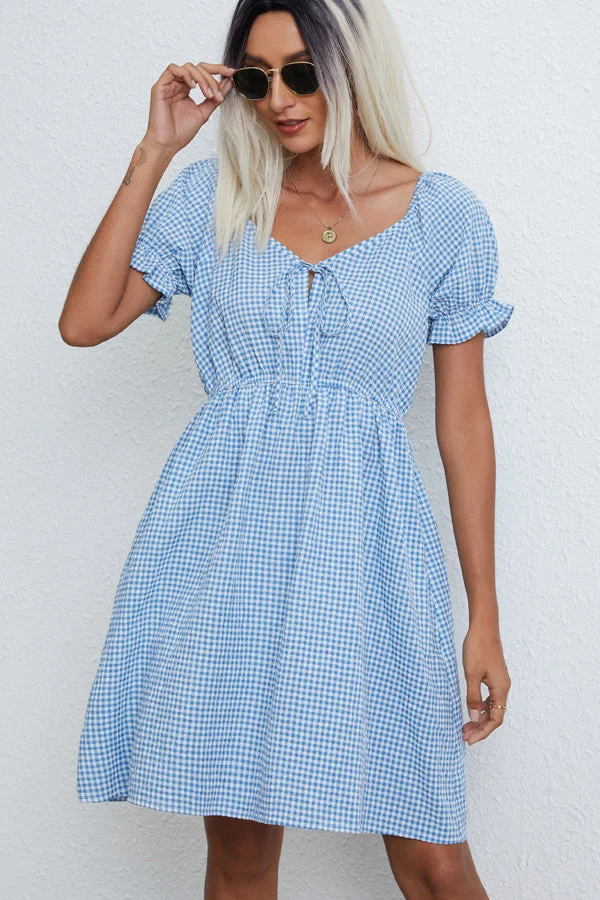 Plaid Print Elastic Waist V Neck Casual Dress