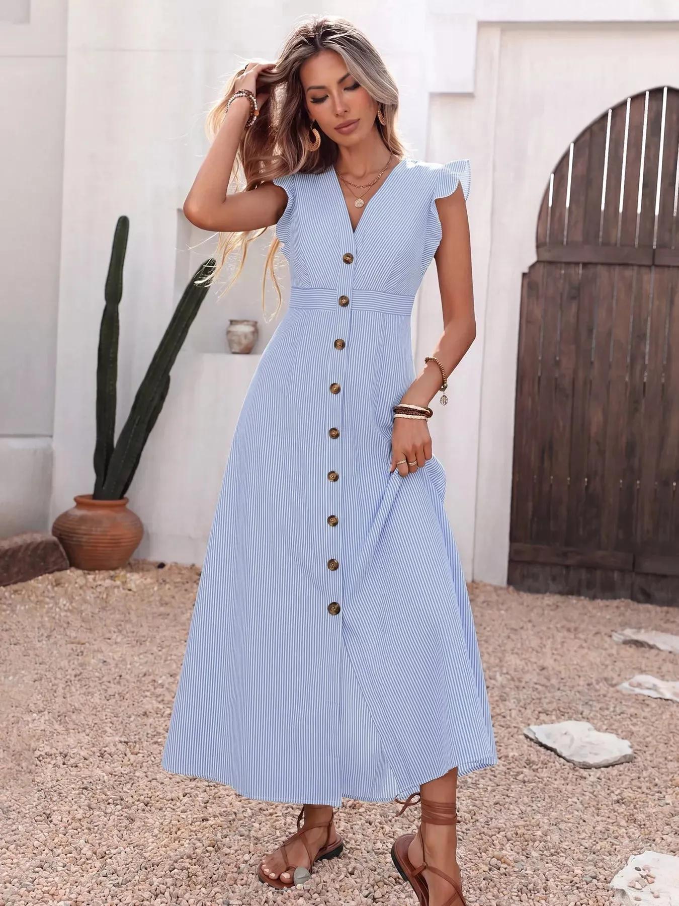 Ruffle Sleeve Button Front Midi Dress mysite idetrend