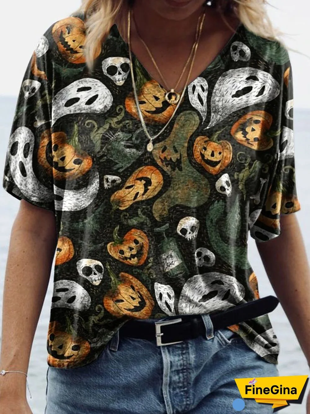Halloween Ghost Pumpkin Party Print Short Sleeve T-shirt