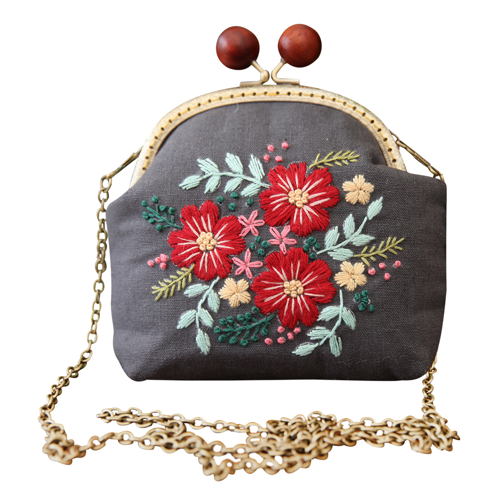 

Red Flowers - Cross Stitch Embroidery - Gold Chain Wallet, 501 Original