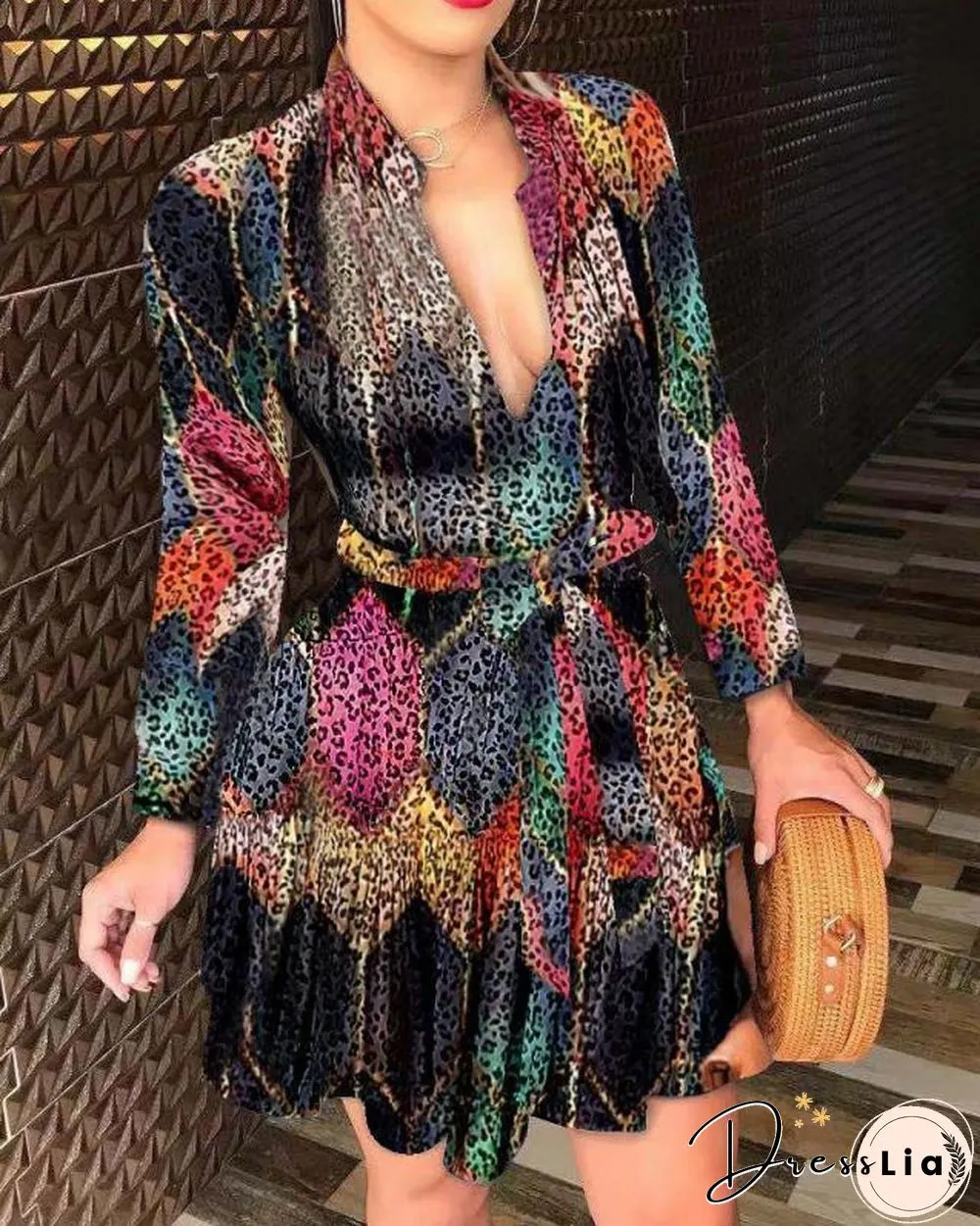 Autumn and Winter New Long Sleeve V-neck Bandage Fashion Sexy Printed Dress