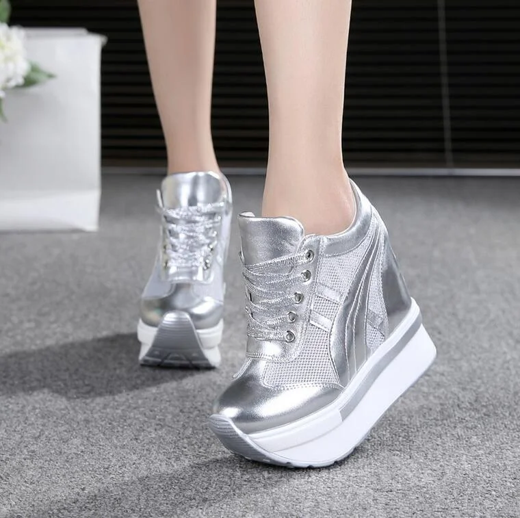 NEW Brand Women Mesh Platform Sneakers Trainers White Shoes 10CM High Heels Wedges Outdoor Shoes Breathable Casual Shoes Woman