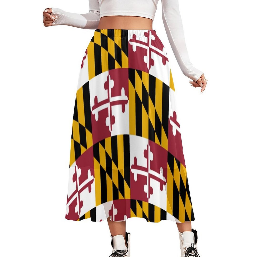Maryland Flag Pride Women Double-Layered Long Beach Skirt Loose Elastic Waistband Chiffon Maxi Skirts